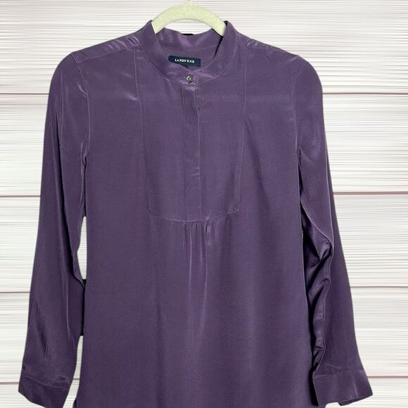 Land’s End Washable Silk Blouse Tunic Top Purple Long Sleeve Mandarin Collar US4 - Picture 6 of 13
